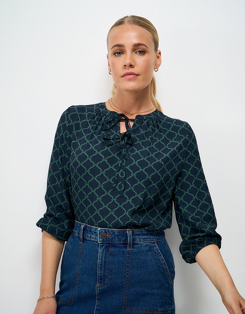 Orla Tie Neck Geometric Rope Print Blouse in Teal