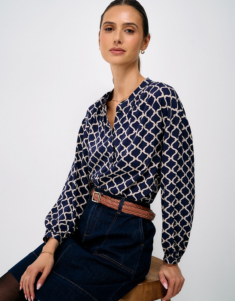 Louisa Button-Through Blouse in Navy Rope Print