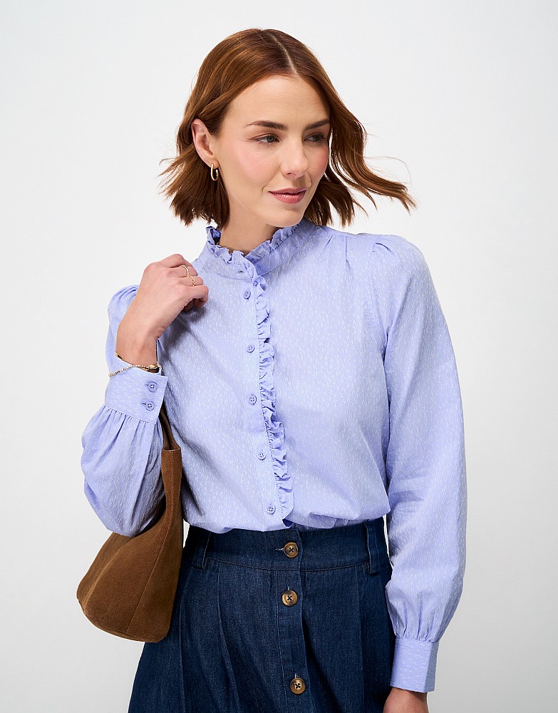 Harmony Frill Cotton Jacquard Blouse in Blue