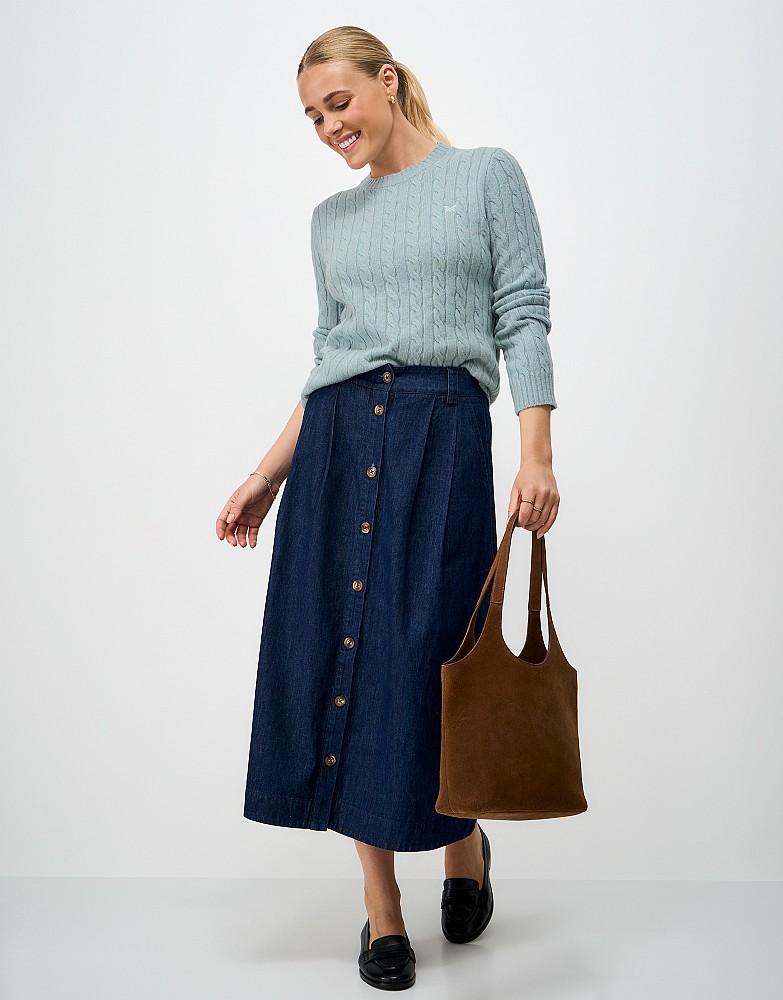Merino Blend Cable Knit Crew Neck Jumper in Blue