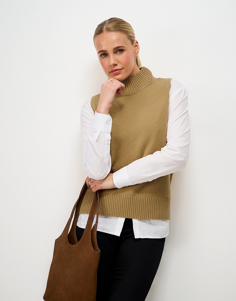 Harmony Merino Wool Blend Funnel Neck Layering Vest in Camel