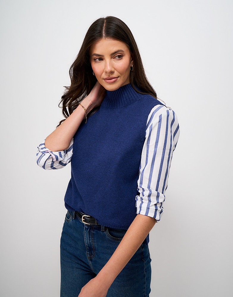 Harmony Merino Wool Blend Funnel Neck Layering Vest in Blue