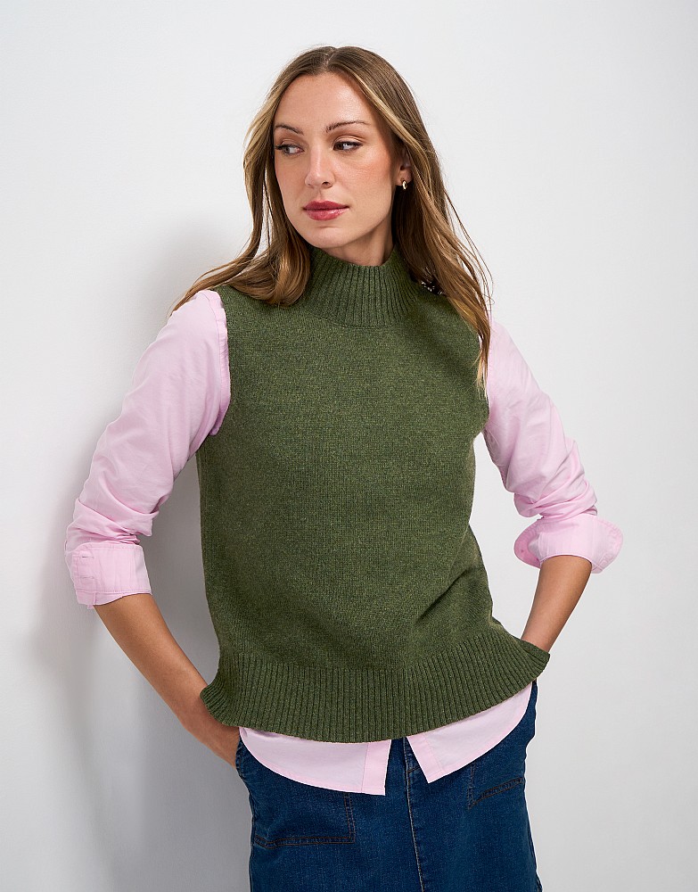 Harmony Merino Wool Blend Funnel Neck Layering Vest in Dark Green