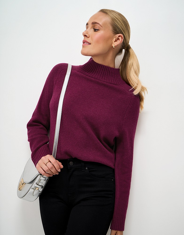 Merino Blend Saddle Shoulder Funnel Neck Jumper in Cherry Red