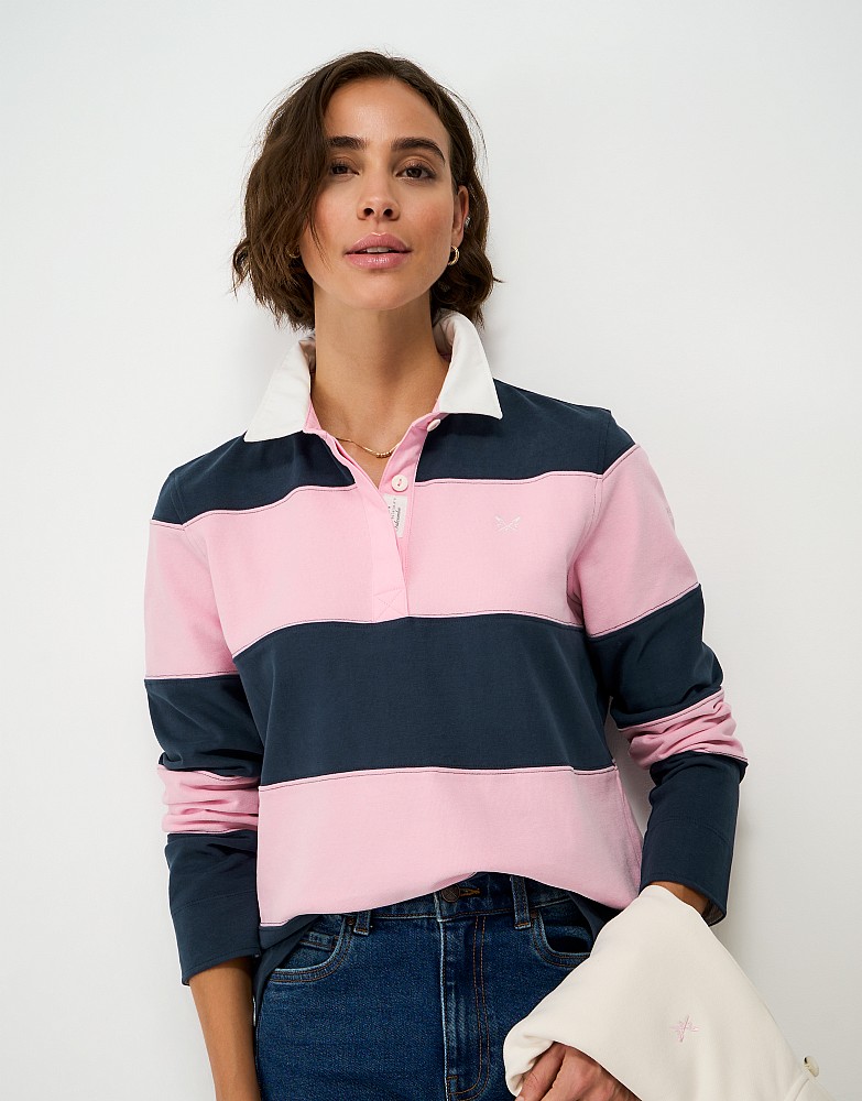 Cotton Cut and Sew Rugby Shirt in Navy and Pink Stripe