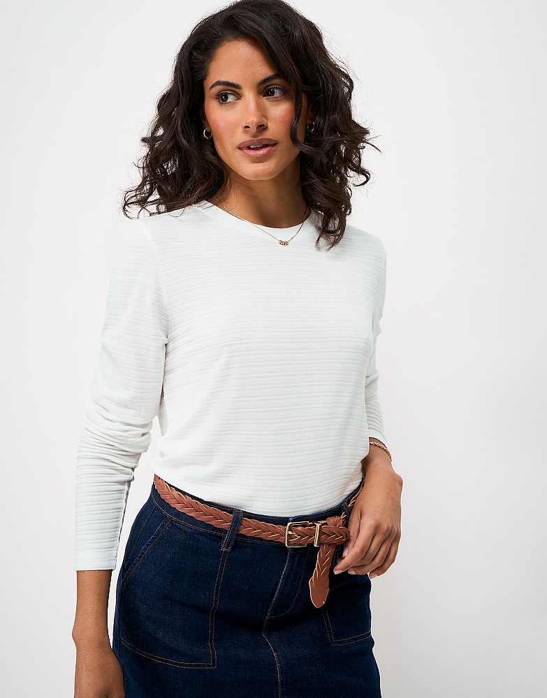 Textured Stripe Long Sleeve Top in White