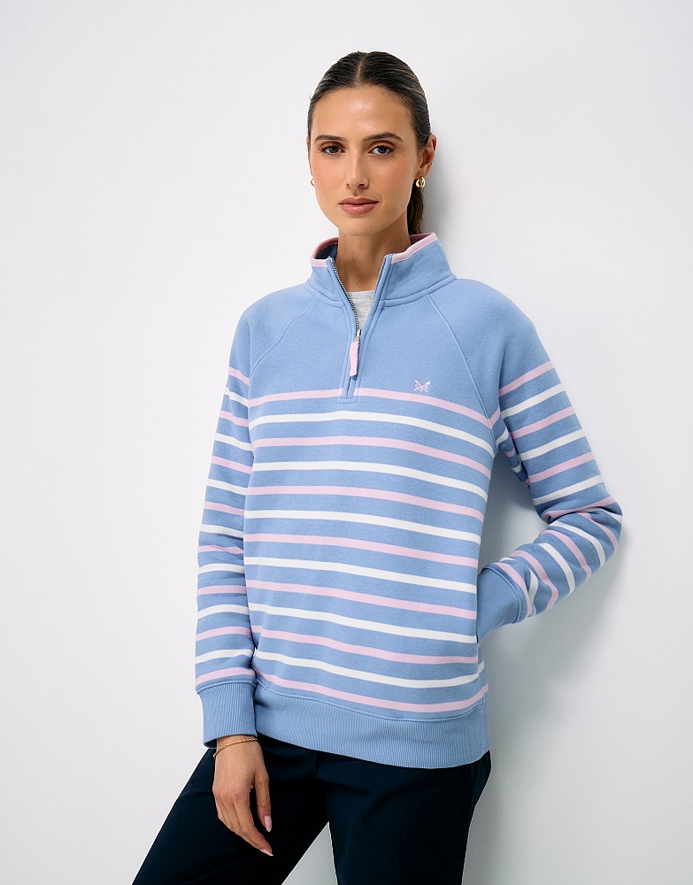 Half Zip Sweatshirt in Blue with Pink and White Stripes