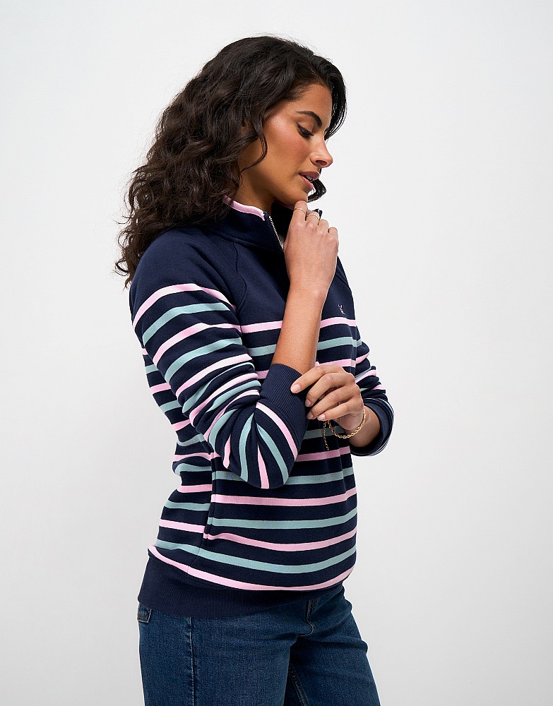 Half Zip Sweat in Navy and Blue and Pink Stripe
