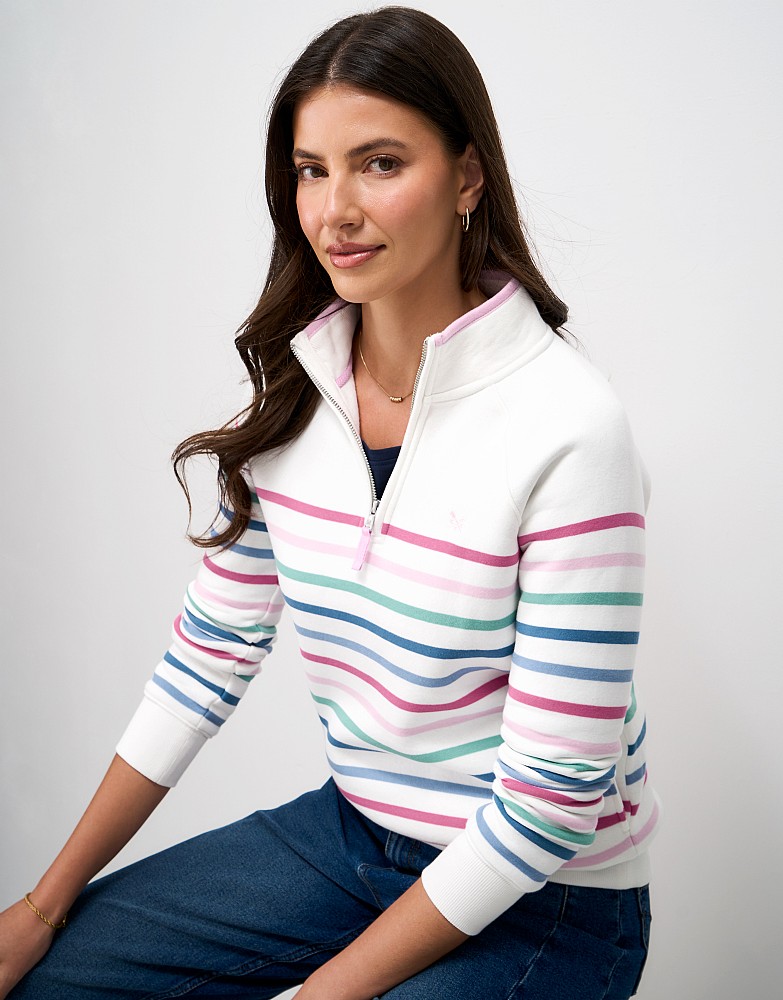 Half Zip Sweatshirt in White with Multicolour Stripes