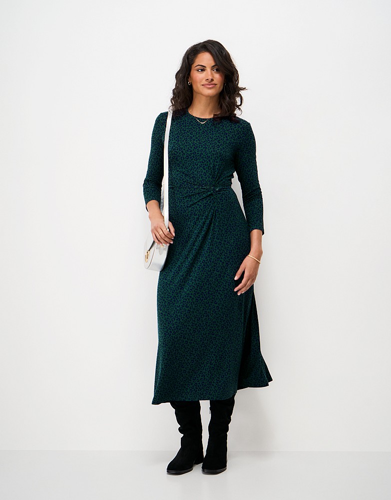 Aria Twist Waist Jersey Dress in Teal Leopard Print
