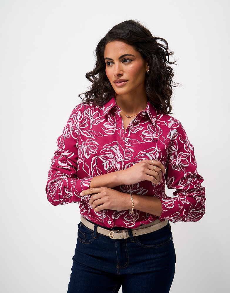 Viscose Twill Drapey Shirt in Cerise Floral Print