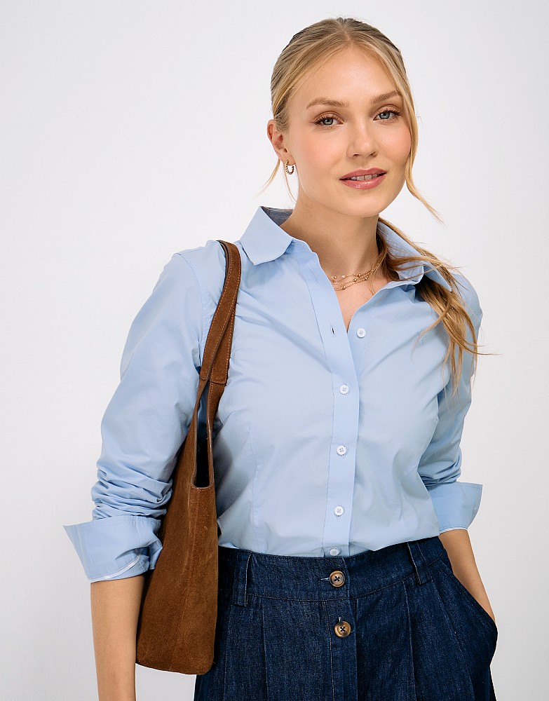 Fitted Stretch Cotton Poplin Shirt in Blue