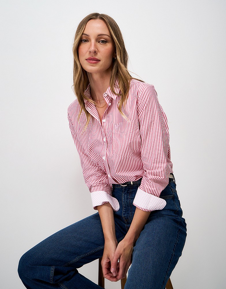 Relaxed Fit Cotton Poplin Shirt in Red and White Stripe