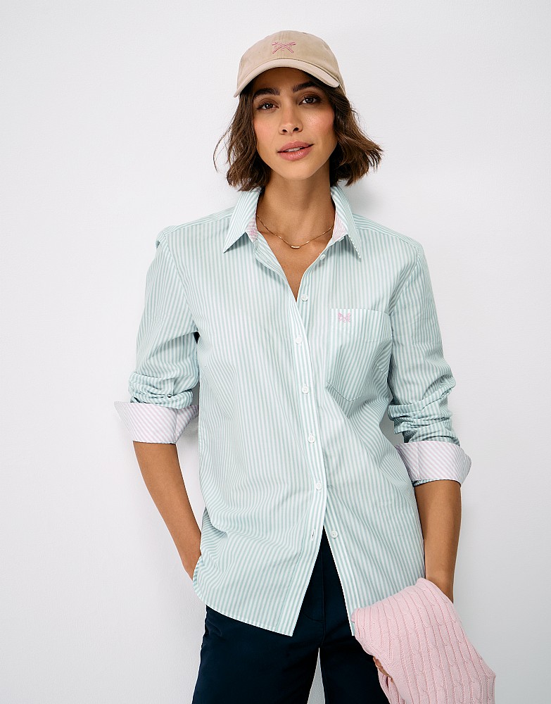 Relaxed Fit Cotton Poplin Shirt in Green and White Stripe