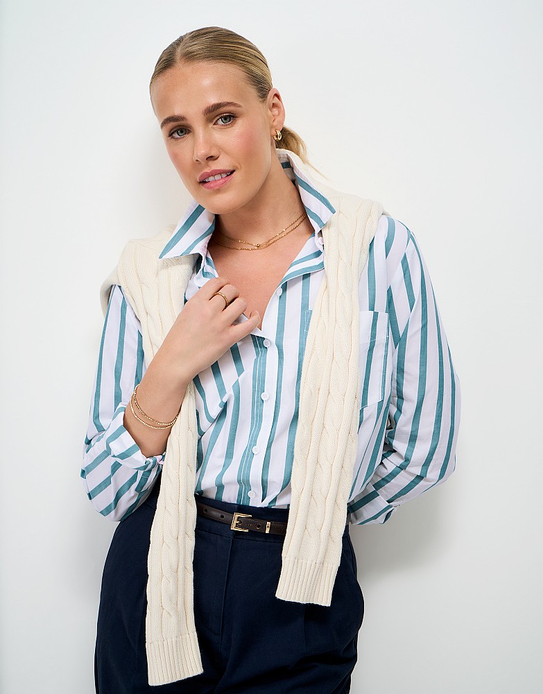Relaxed Fit Cotton Poplin Shirt in White and Blue Stripe