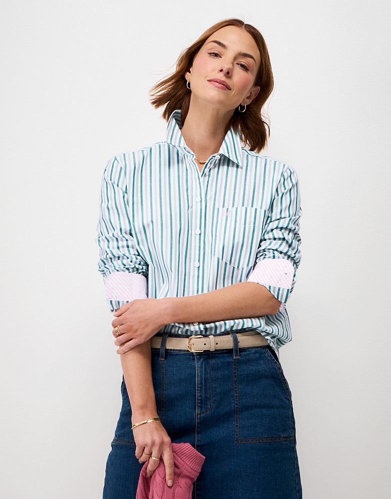 Relaxed Fit Cotton Poplin Shirt in White and Teal Stripe