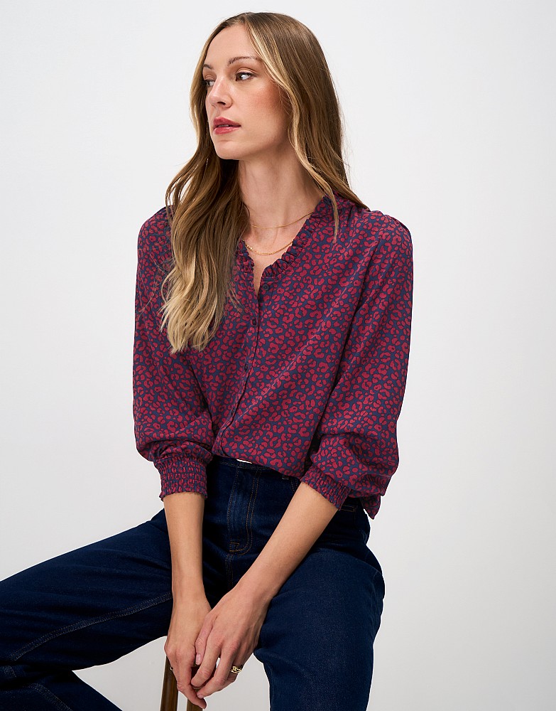 Celeste Frill Neck Blouse in Navy and Red Leopard Print