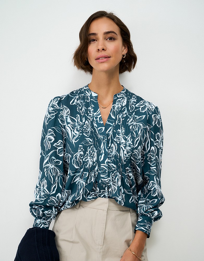 Abigail Pintuck Floral Blouse in Teal