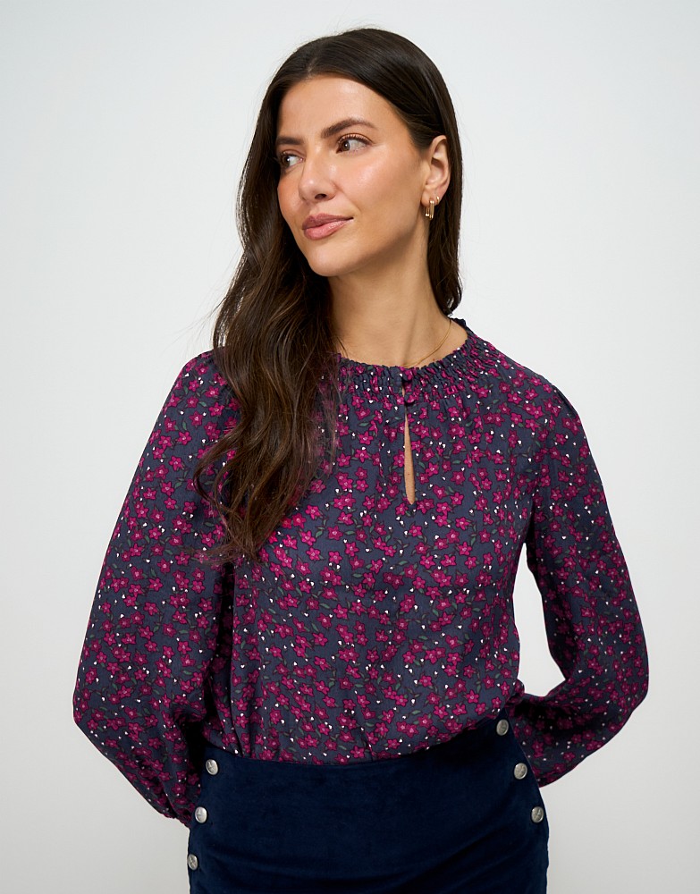 Darla Long Sleeve Blouse in Navy and Pink Blossom