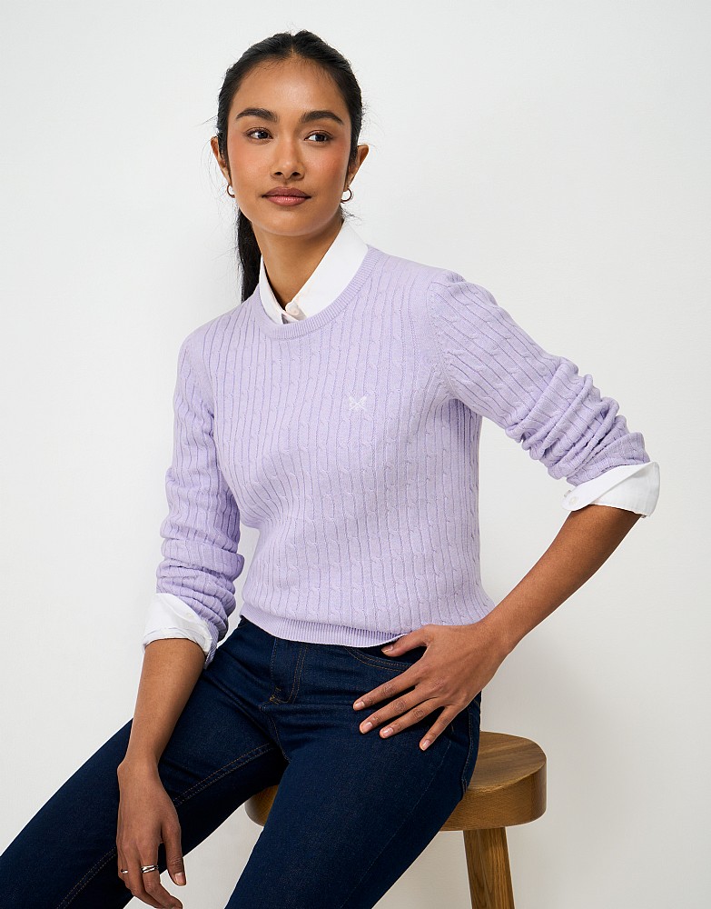 Cotton and Cashmere Cable Knit Crew Neck Jumper in Lilac Marl