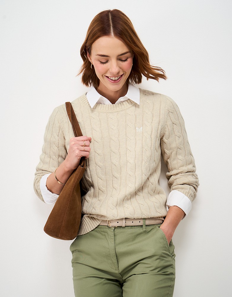 Heritage Cotton-Cashmere Cable Knit Jumper in Oatmeal Marl