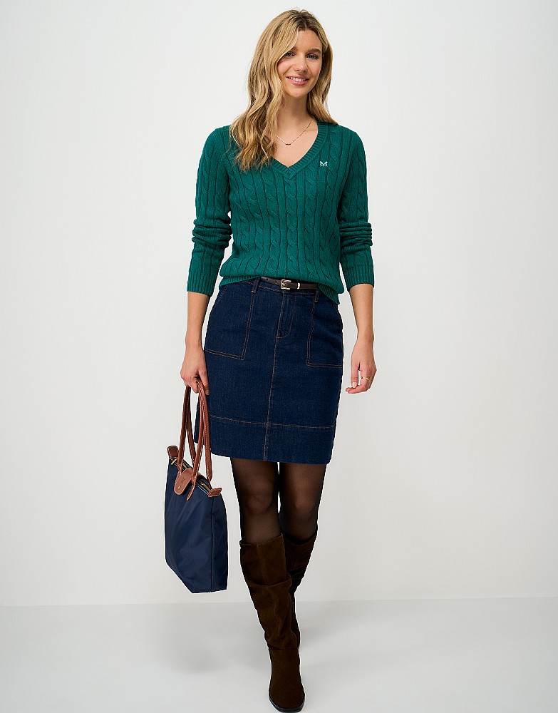 V-Neck Cotton-Cashmere Cable Knit Jumper in Deep Teal Marl