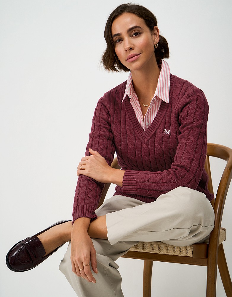 V-Neck Cotton-Cashmere Cable Knit Jumper in Dark Red