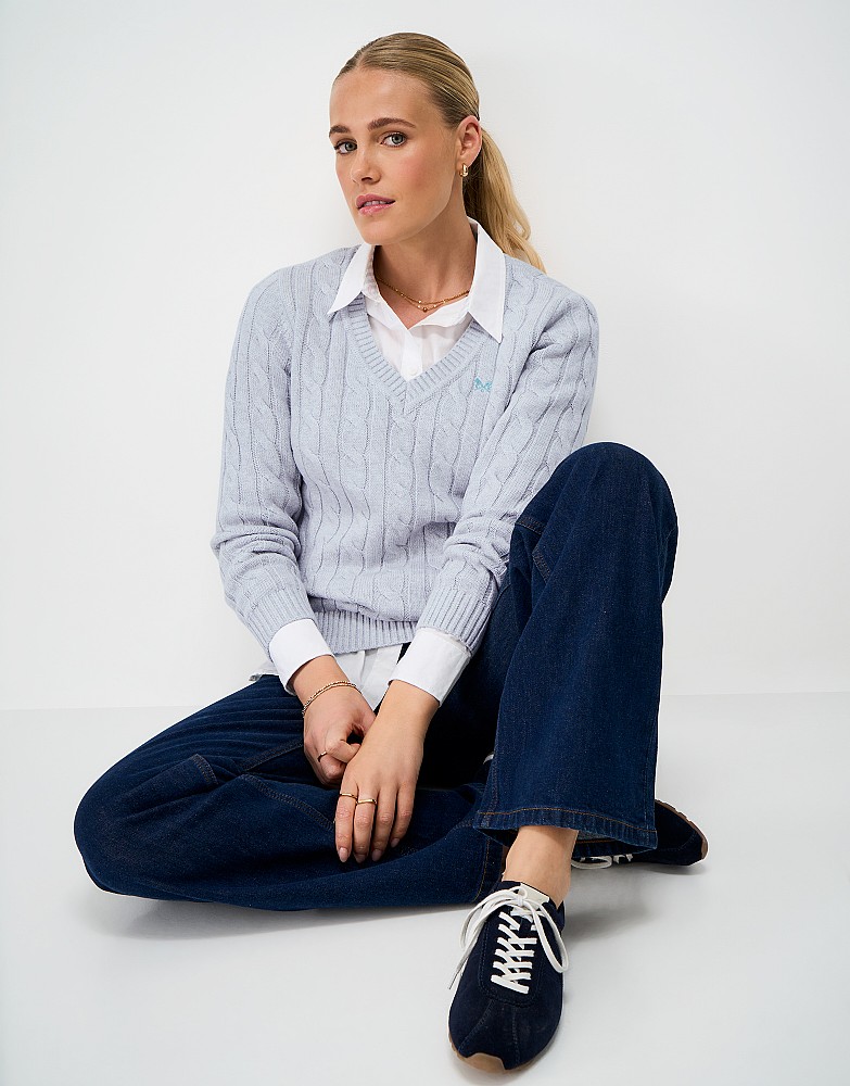 V-Neck Cotton-Cashmere Cable Knit Jumper in Grey