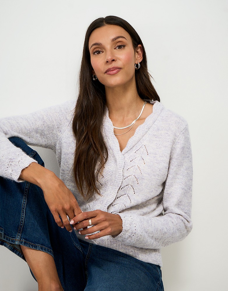 Lace Trim V-Neck Cardigan in Grey