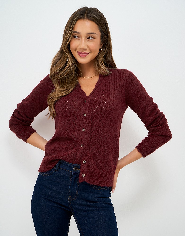 Lace Trim V-Neck Cardigan in Red