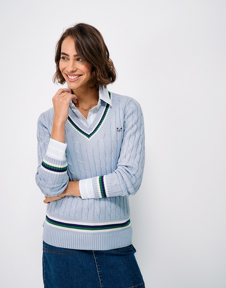 Cotton Cable Cricket Jumper in Light Blue