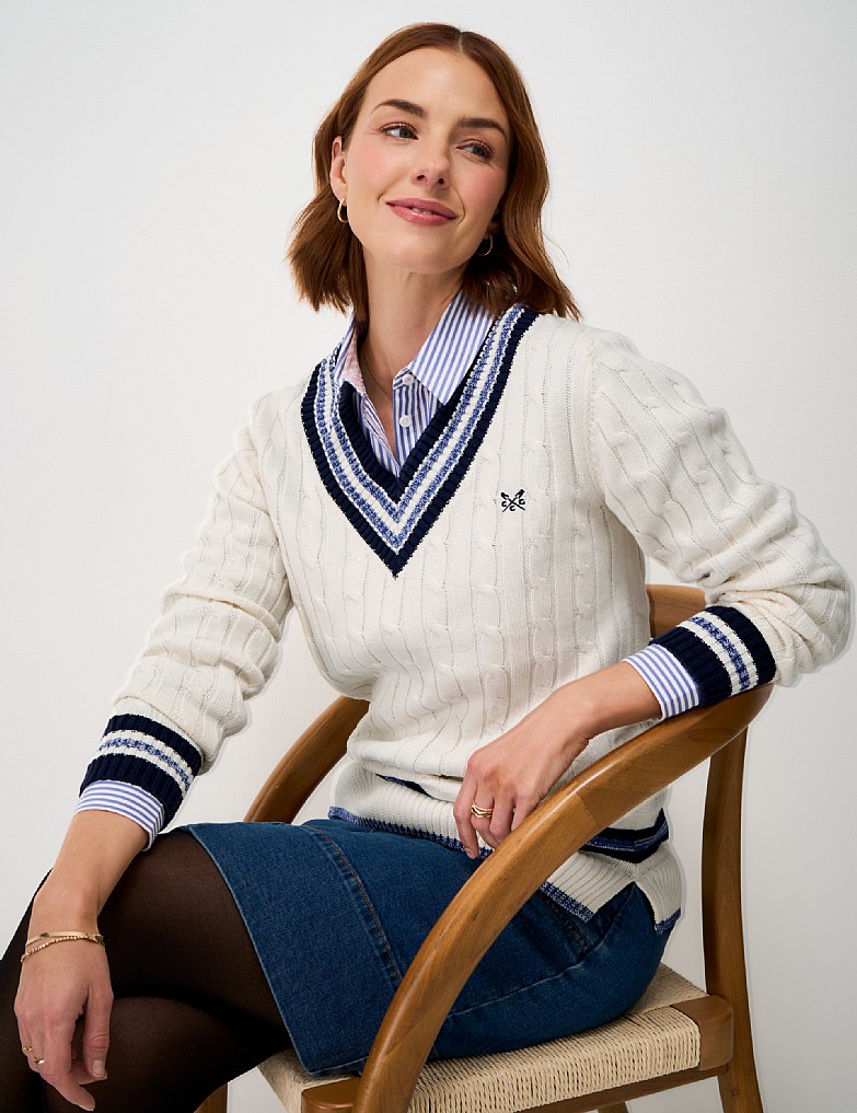Cotton Cable Cricket Jumper in White