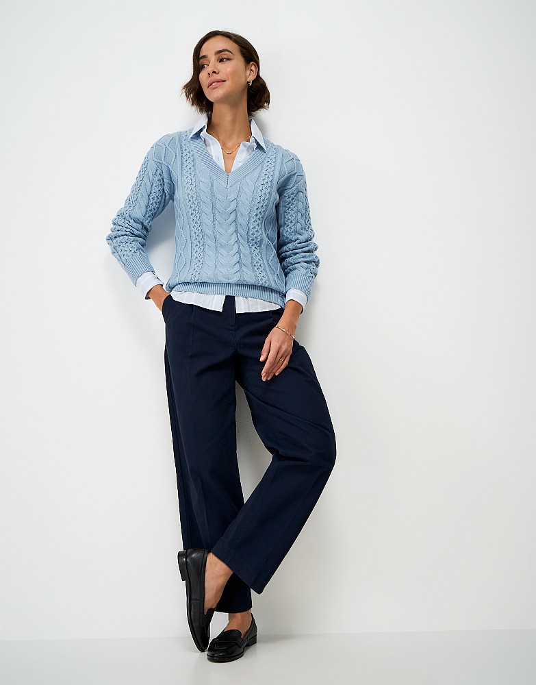 Multi Cable V Neck Jumper in Blue