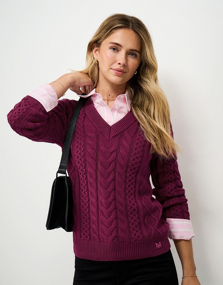 Multi Cable V Neck Jumper in Red