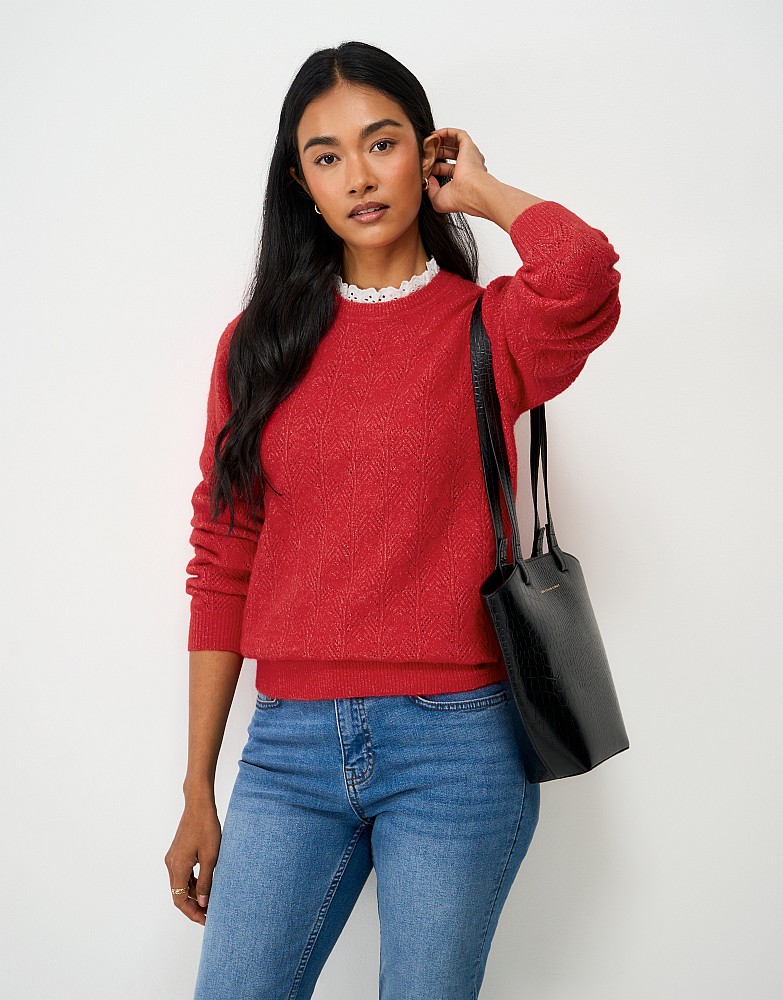 Broderie Pointelle Knit Jumper in Red