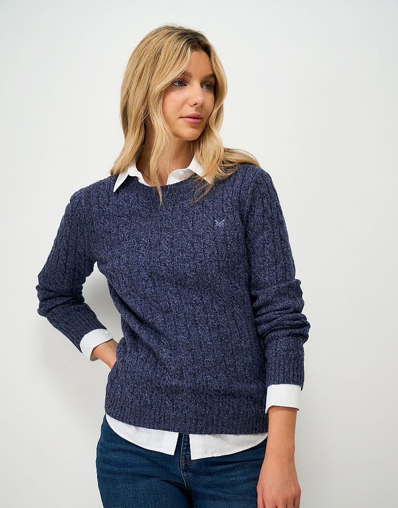 Merino Blend Cable Knit Crew Neck Jumper in Navy Blue