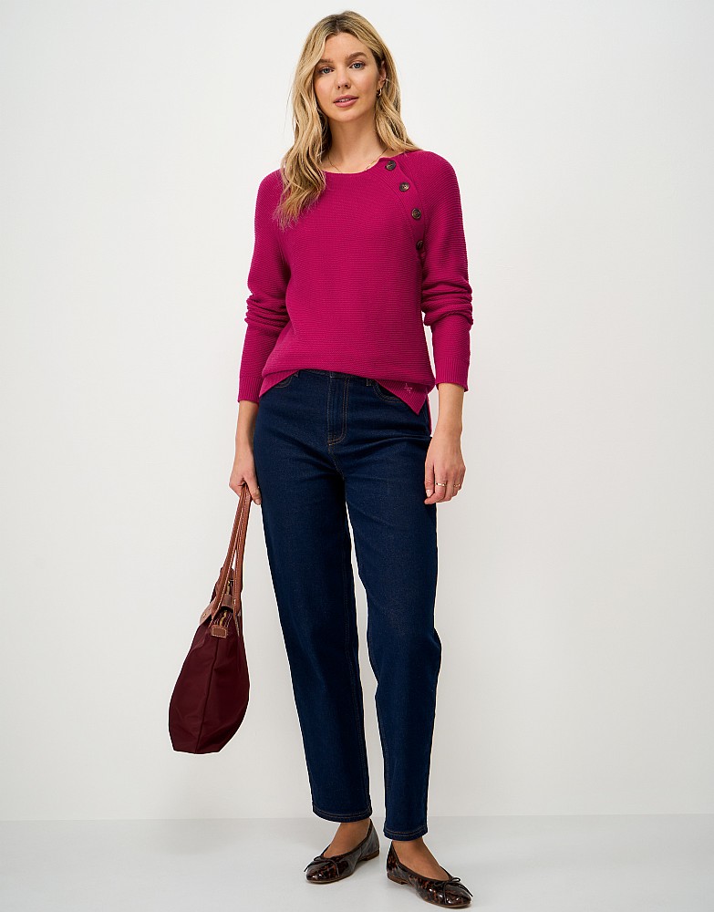 Harmony Merino Wool Blend Button Shoulder Jumper in Bright Pink