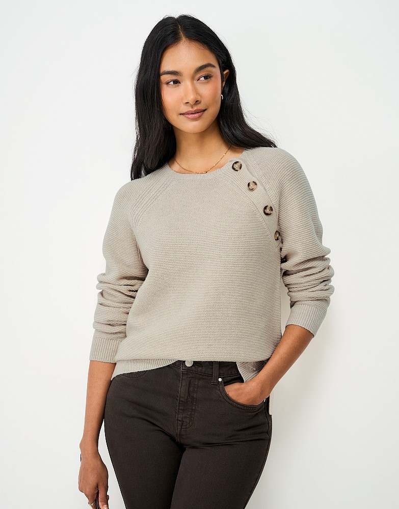 Harmony Merino Wool Blend Button Shoulder Jumper in Oatmeal