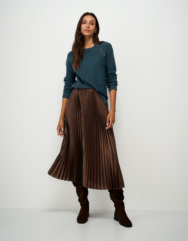 Harmony Merino Wool Blend Button Shoulder Jumper in Teal