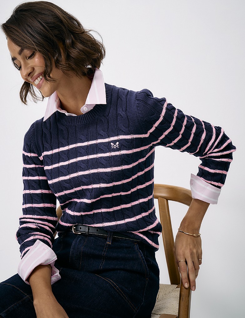 Heritage Cable Crew Neck Jumper in Navy and Pink