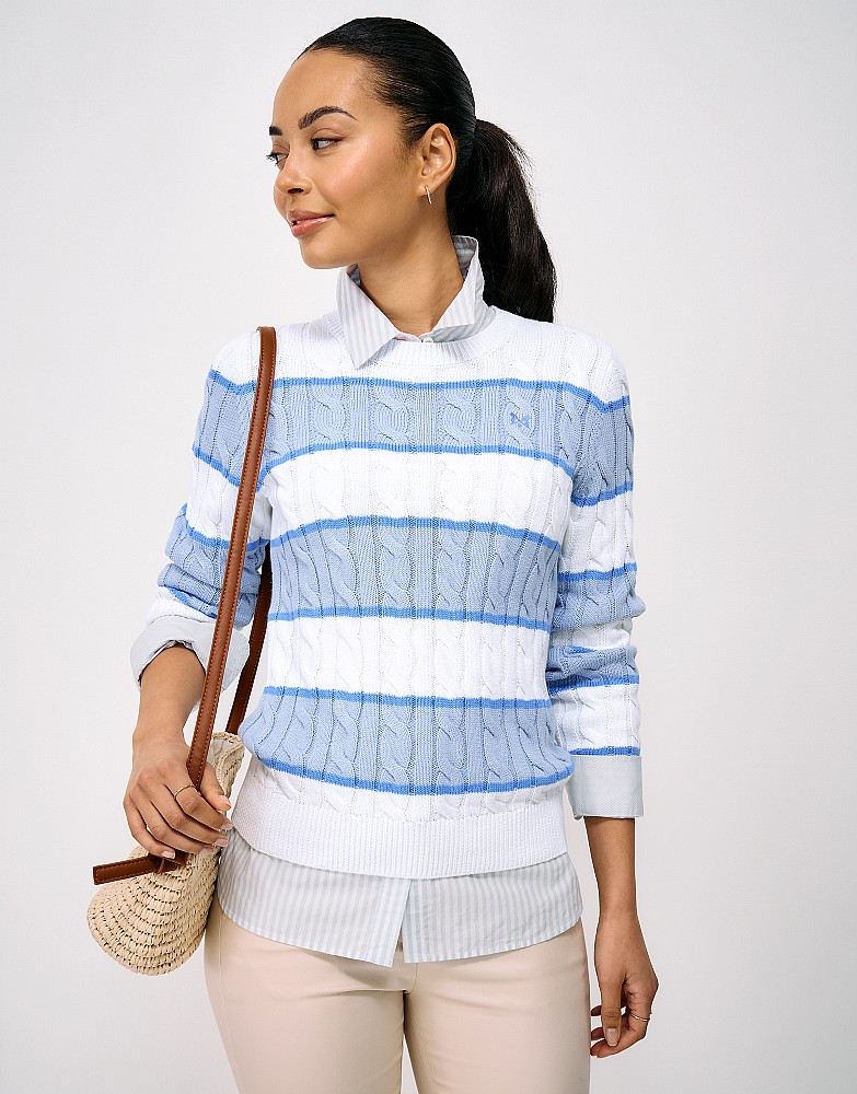Heritage Cable Crew Neck Cotton Jumper in White and Blue Stripe