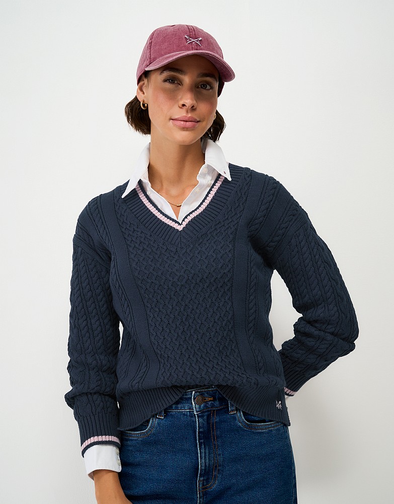 Oversized Tipped Cable Jumper in Navy and Pink