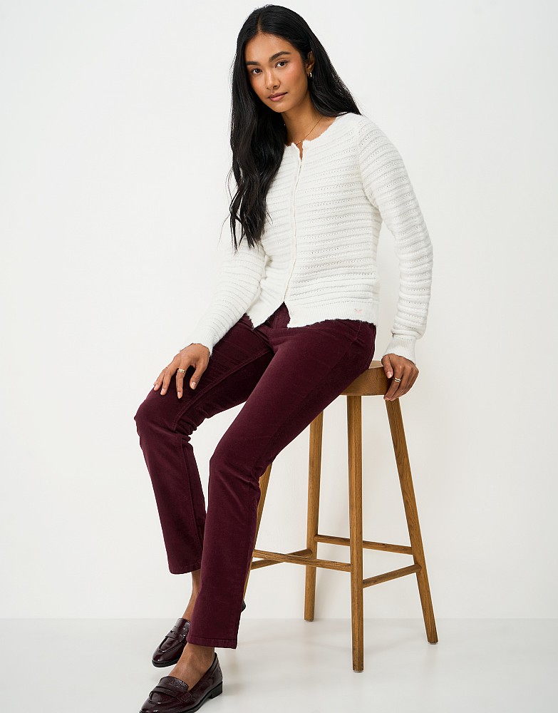 Velvet Five Pocket Straight Leg Trousers in Wine Red