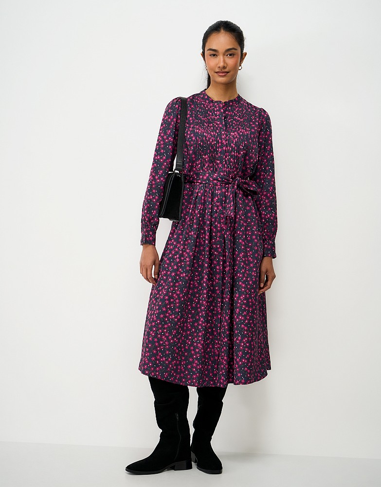 Abigail Pintuck Midi Dress in Navy and Pink Blossom
