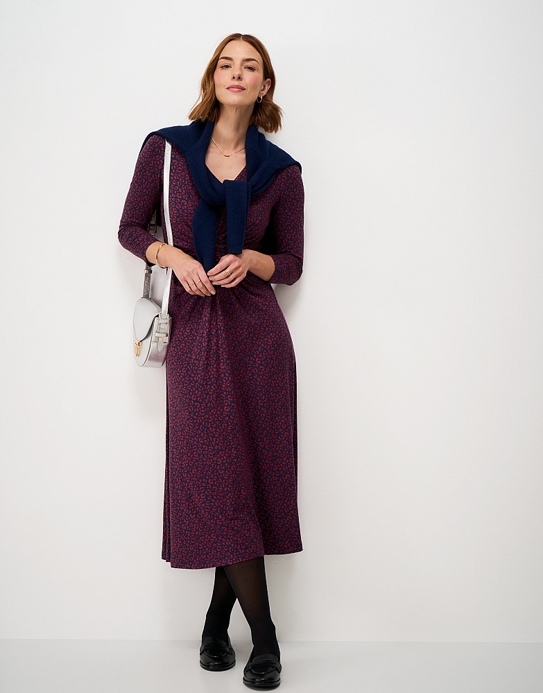 Flora 3/4 Length Sleeve Jersey Dress in Navy & Pink Leopard Print