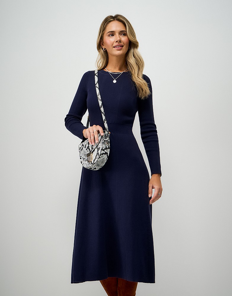 Mixed Rib Crew Neck Dress in Navy