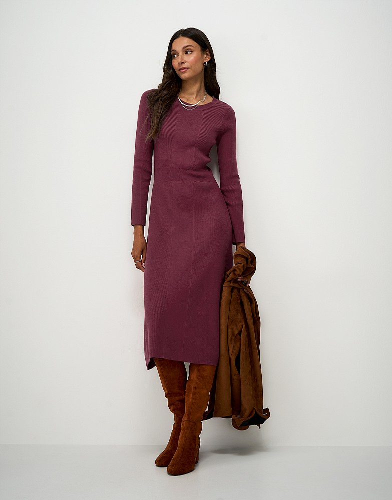 Mixed Rib Crew Neck Dress in Dark Red