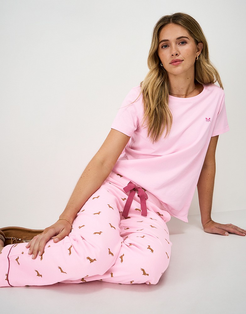 Cotton Short Sleeve Pyjama Set with Woven Bottoms in Pink
