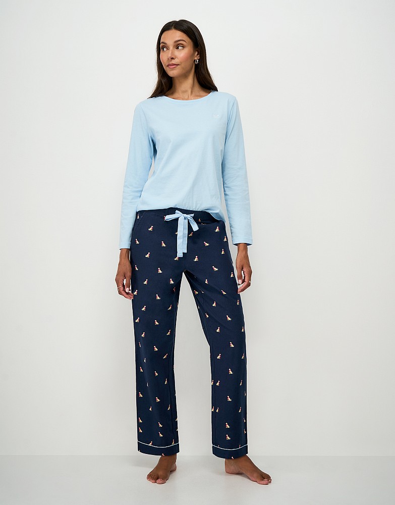 Cotton Long Sleeve Pyjama Set in Blue and Dog Print