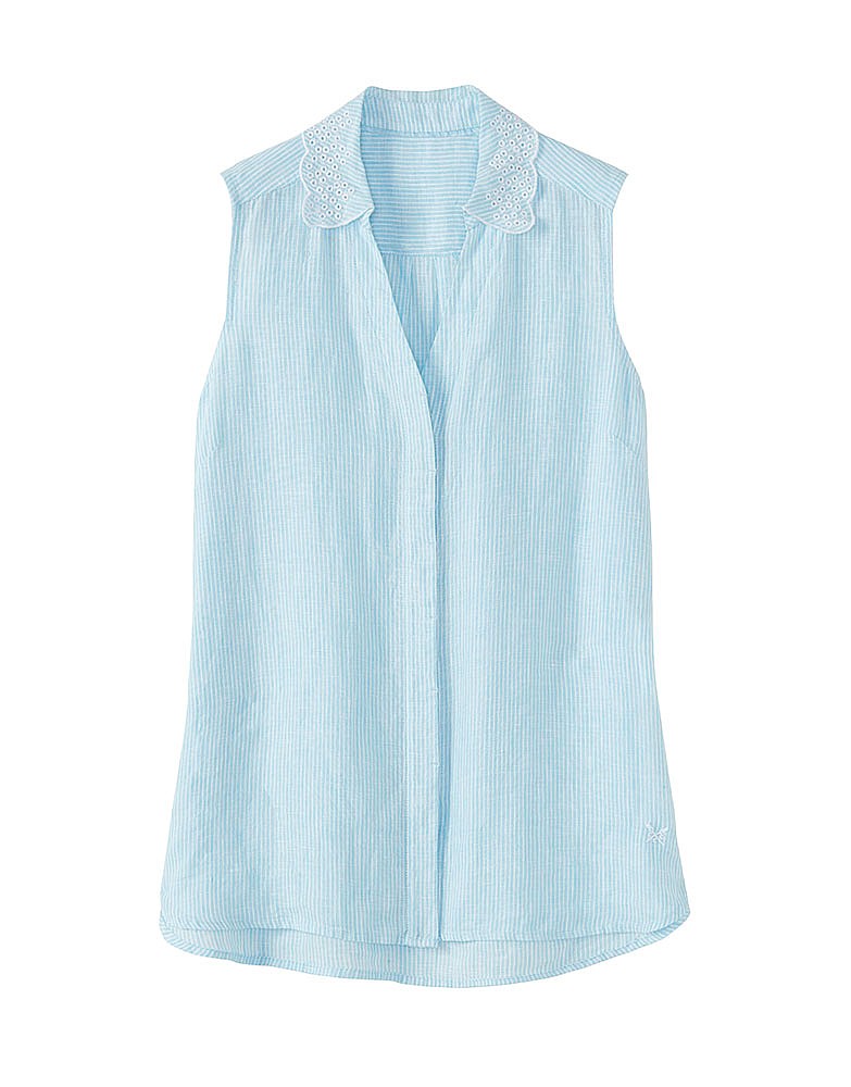 Malbay Sleeveless Linen Broderie Shirt In Aqua Blue